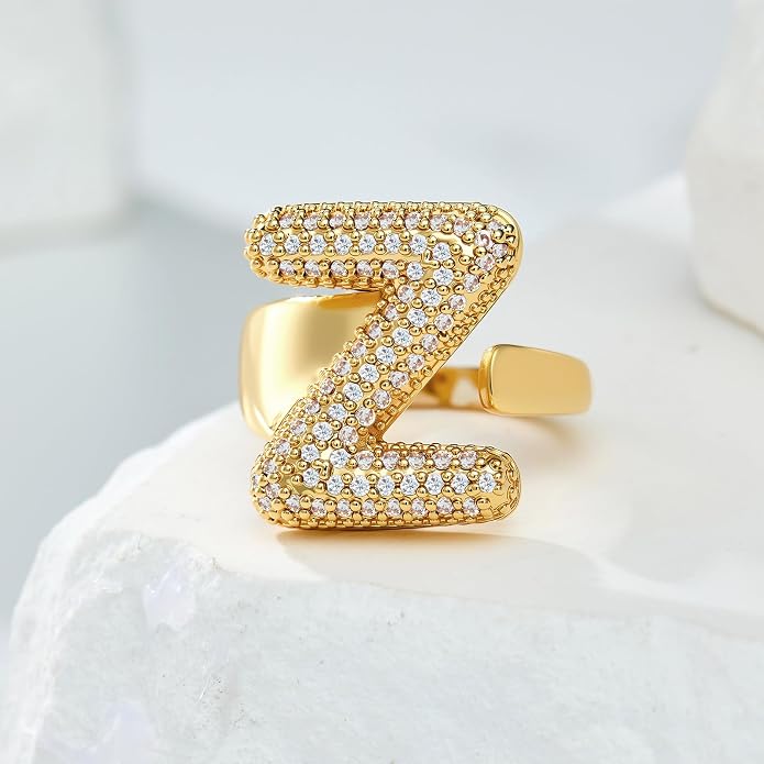 Cicy Bell Initial Rings for Women 14k Gold Plated Cubic Zirconia Delicate Letter Chunky Statement Open Rings Gifts for Her