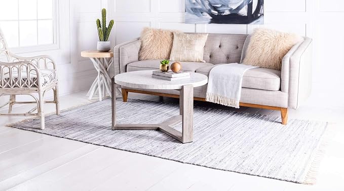 Unique Loom Chindi Cotton Collection Soft Hand Woven Natural Fiber Striped Area Rug, 2 ft 2 in x 3 ft in, Gray/Ivory