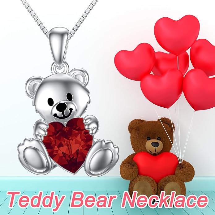 PELOVNY Teddy Bear Necklace for Women 925 Sterling Silver Bear/Highland Cow/Fox/Cat/Axolotl Birthstone Necklace Christmas Birthday Jewelry Gifts for Mom Daughter Wife Sister