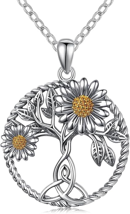 CHENGHONG Sunflower Necklace 925 Sterling Silver Tree of Life Necklace Daisy/Rose/Sunflower Pendant Necklace Sunflower Jewelry Gifts for Women Mom