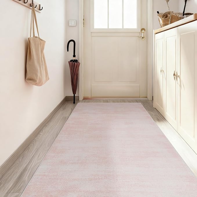 BILEEHOME Pink Runner Rug for Bathroom 2x6 Low Pile Washable Abstract Rugs | Light Blush Ombre Carpet, with Non Slip Foldable, Modern Boho Cute, for Kitchen Hallway Bedroom, Hardwood Floor Protector