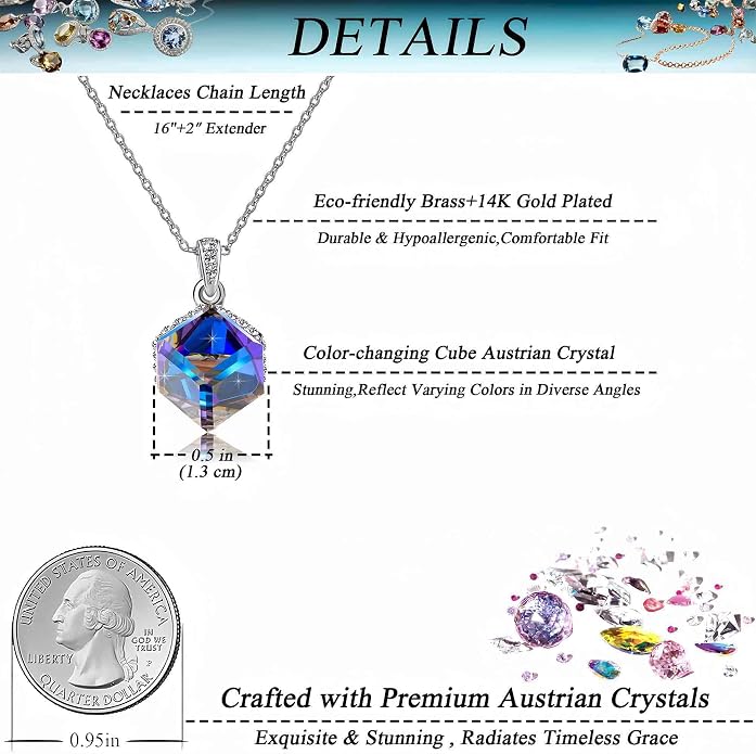 EVEVIC Color Changing Cubic Austrian Crystal Pendant Necklaces for Women 14K Gold Plated Hypoallergenic Jewelry
