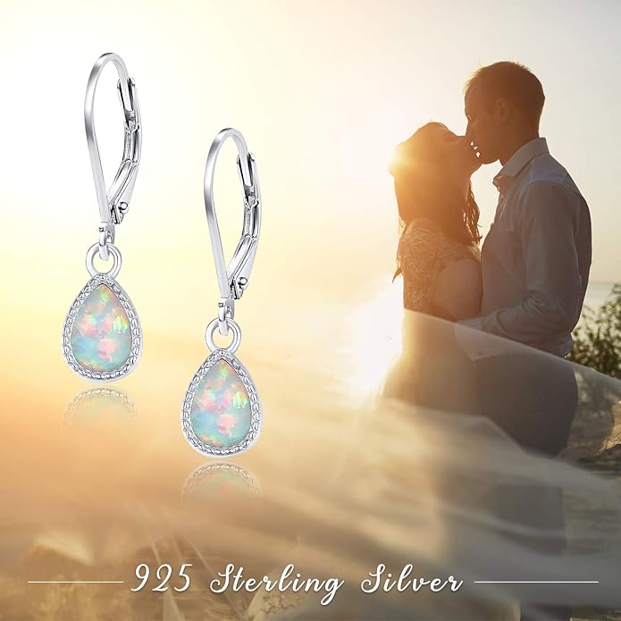 Teardrop Leverback Drop Dangly Earrings, 925 Sterling Silver with Opal/Moonstone Hypoallegenic for Sensitive Ears Jewelry Gift for Women Girlfriend with Gift Box