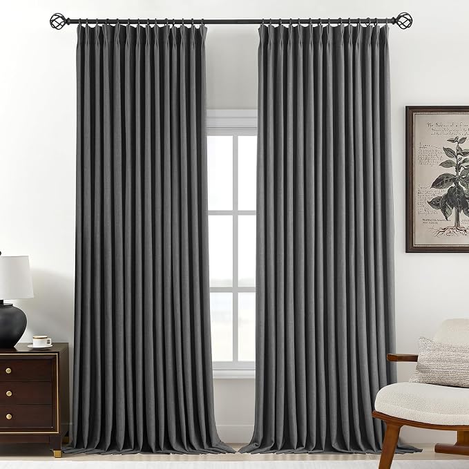 Pinch Pleated Curtains 100% Blackout Linen Curtains 102 Inches Long for Bedroom Living Room, Dark Gray Memory Trained Thermal Insulated Room Darkening Window Drapes with Hooks 2 Panels 40"Wx102"L