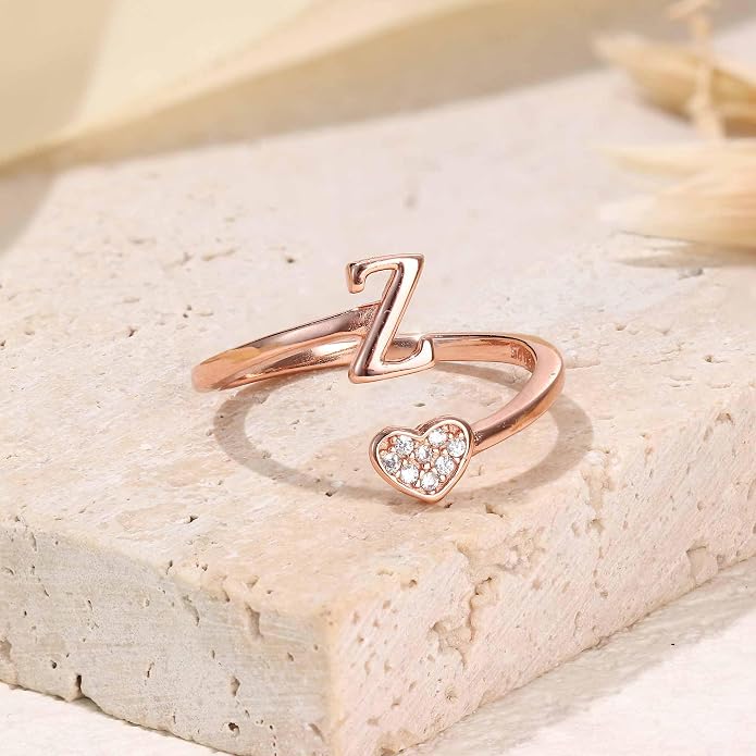 MILACOLATO 925 Sterling Silver Initial Rings for Women Teen Girl 18K Gold Plated Heart Initial Rings Adjustable Capital Letter Ring Stackable Thumb Pinky Rings for Daughter Birthday Bridesmaid Gifts Jewelry, A to Z