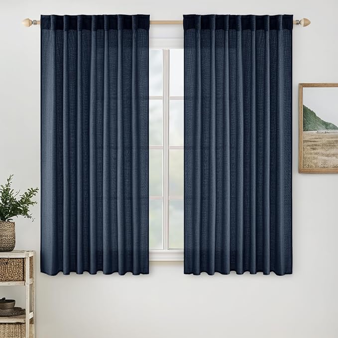 MIULEE Navy Blue Short Linen Curtains 45 Inch Length 2 Panels for Bedroom Bathroom, Soft Thick Linen Textured Natural Kitchen Window Drapes Semi Sheer Light Filtering Back Tab Burlap Look Decor