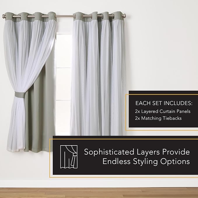 TOWN & COUNTRY LUXE Talia Double Layer Indoor Curtains, Sheer and Room Darkening Blackout, Grommet Top, Energy Efficient, 2-Pack Set, 52x 63, Soft Grey