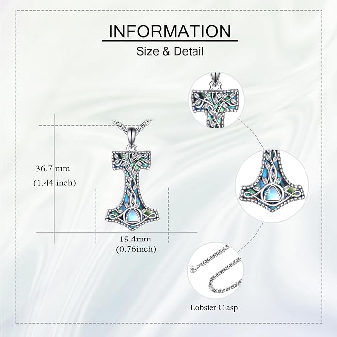 ONEFINITY Thors Hammer Necklace 925 Sterling Silver Tree of Life Necklace Mjolnir Pendant AA Jewelry Gifts For Women Men