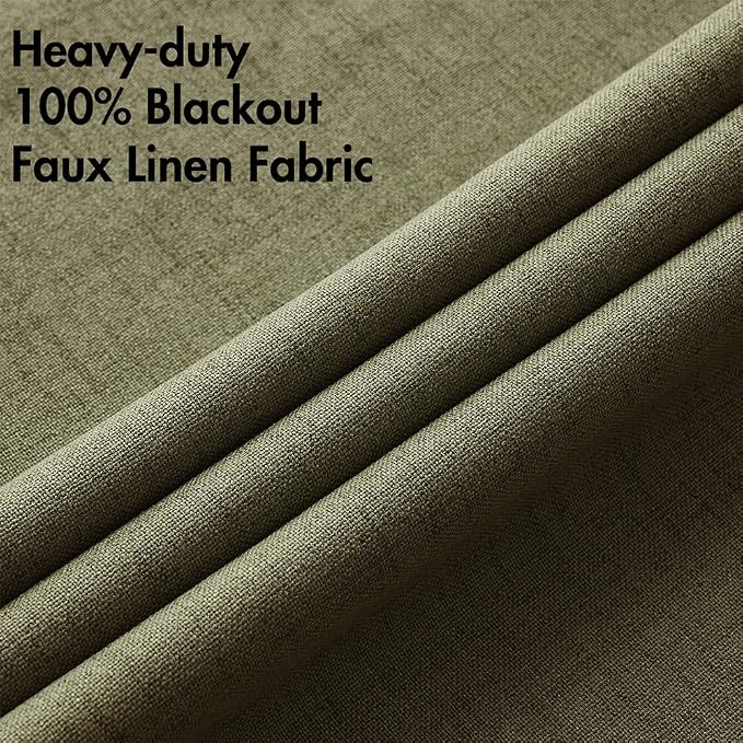 MIULEE Linen Texture Curtains for Bedroom Solid 100% Blackout Thermal Insulated Light Olive Green Curtains Grommet Room Darkening Drapes for Living Room 52x63 Inch (2 Panels)