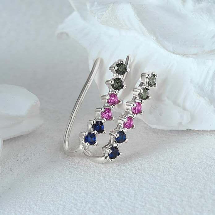 Dainty Colorful Cubic Zirconia Ear Climbers Earrings for Women 925 Sterling Silver 14K Gold Plated Rainbow Gemstone Crawler Earrings Stud Earring Hypoallergenic Ear Clips Wedding Graduation Jewelry Gifts