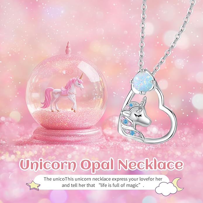 CDE Christmas Gift for women Cute Unicorn Birthstone Necklace for Girls Daughter 925 Sterling Silver Opal Heart Pendant Graduation Birthday Christmas Jewelry Gift for Teenage Girls Niece