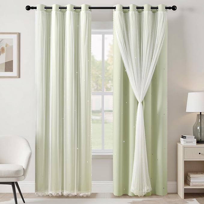 XiDi Sage Green Blackout Curtains for Kids Bedroom 96 Inches Long 2 Panels Thermal Insulated Energy Saving Living Room Window Treatment Curtains Star Blackout Drapes Nursery Kids, W34xL96 Inch, Sage