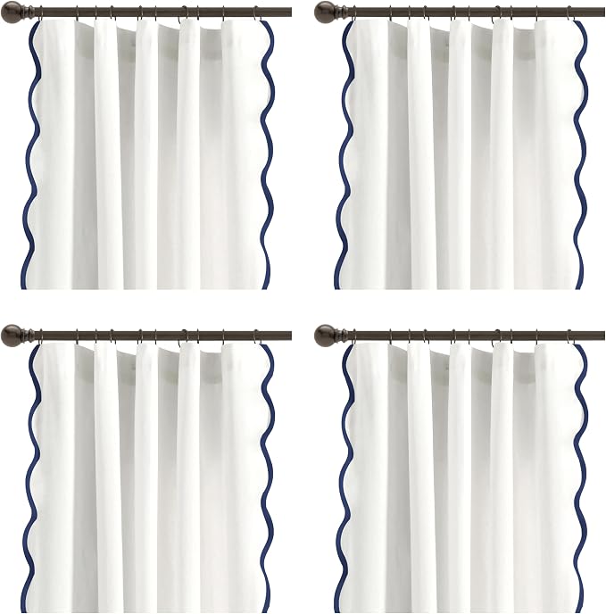 Lush Decor Coastal Chic Scalloped Edge Light Filtering Window Curtain Panels Pair, 52" W x 84" L, Navy & White - White Curtains for Living Room - Coastal Decor (Pack of 8)
