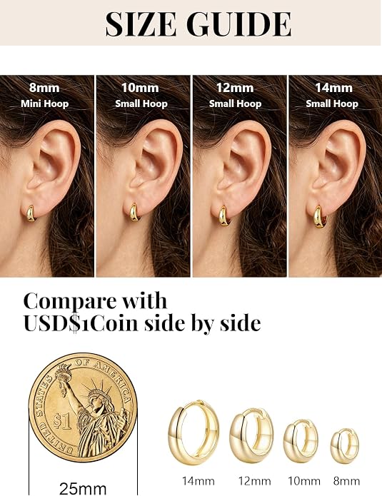 Silvora 14K Gold Plated Chunky Hoop Earrings for Women, Small Thick Huggie Hoops with 925 Sterling Silver Post, Hypoallergenic Lightweight Hoop Earrings, 8/10/12/14mm