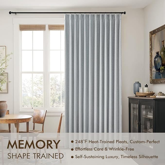 MIULEE Grayish Blue Pinch Pleated 100% Blackout Linen Curtains for Bedroom, Room Darkening Memory Trained Light Blocking Window Curtain 63 inches Long for Living Room, Black Out Pleat Drapes, 2 Panels