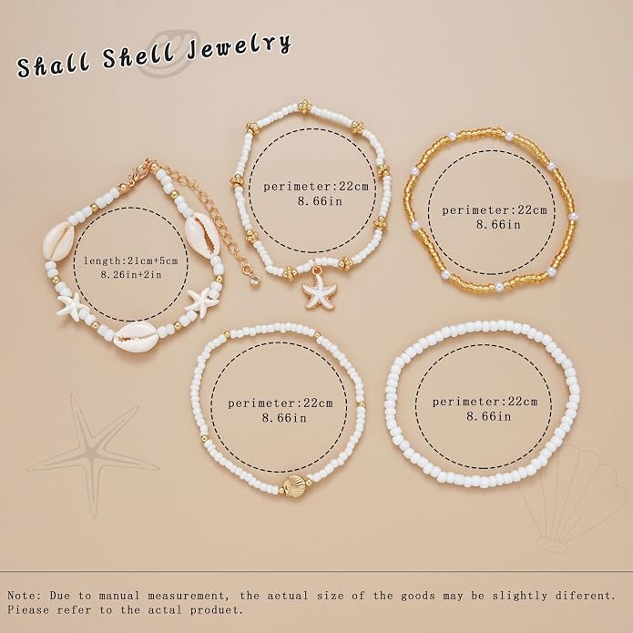 Boho Shell Ankle Bracelet Set for Women, 5 Pairs 14K Boho Bead Handmade Adjustable Anklet, Hawaiian Beach Seashell Starfish Foot Jewelry Gifts
