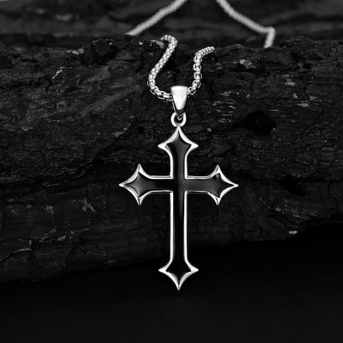 KXJ S925 Sterling Silver Black Cross/Best Dad/Baseball Bat/Silver Cross/Ankh Cross/Crucifix with 22+2 Inches Stainless Steel Rolo Chain Cross Necklace for Men Women Christian Religious Jewelry Gifts
