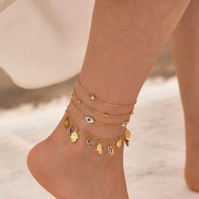 LOFITOR Ankle Bracelets for Women Glitter Waterproof Adjustable Anklet Set for Women 18K Gold Plated Silver Charm Dainty Layered Anklets, Summer Beach Anklet Jewelry for Women