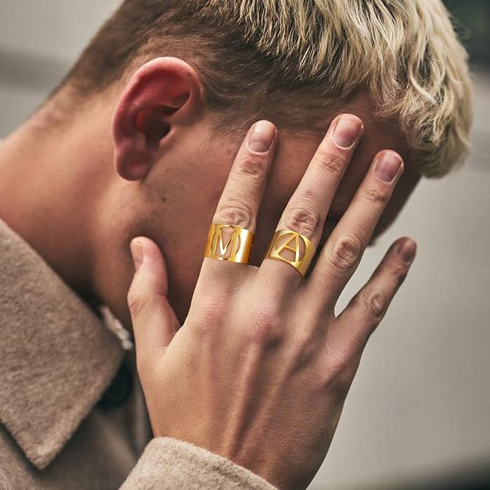 KeyStyle Bold Initial Letter Rings Adjustable, GoldChic Jewelry Women Gold Statement Ring Personalized Engraved Women’s Open Signet Ring for Party (Gold, White Gold, Black)