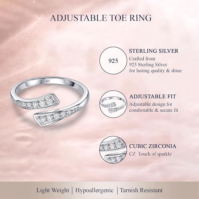 Charmsy 925 Sterling Silver Toe Rings for Women | Minimalist Open Adjustable Toe-Rings Band | Women's Cuff Toe Ring Summer Beach Foot Jewelry