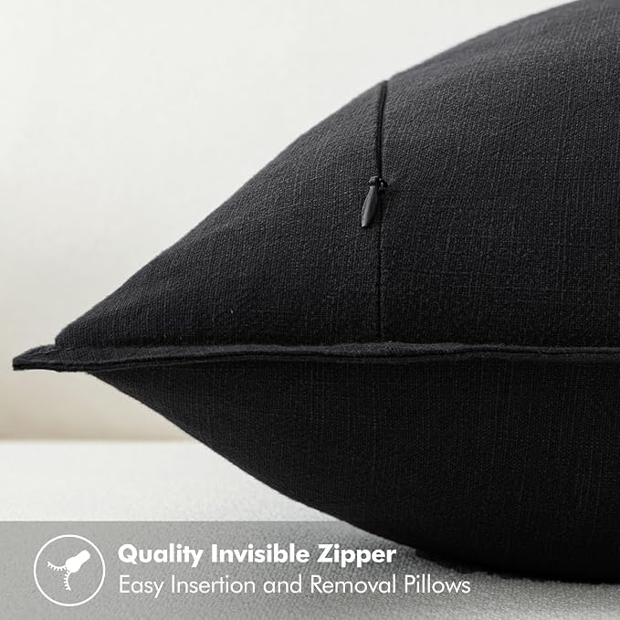 MIULEE Decorative Linen Euro Sham Pillow Covers 24x24 Black | Boho Farmhouse Neutral Couch Throw Pillows for Bed, Pack of 2 Accent Modern Pillowcases, Sofa Livingroom Home Decor