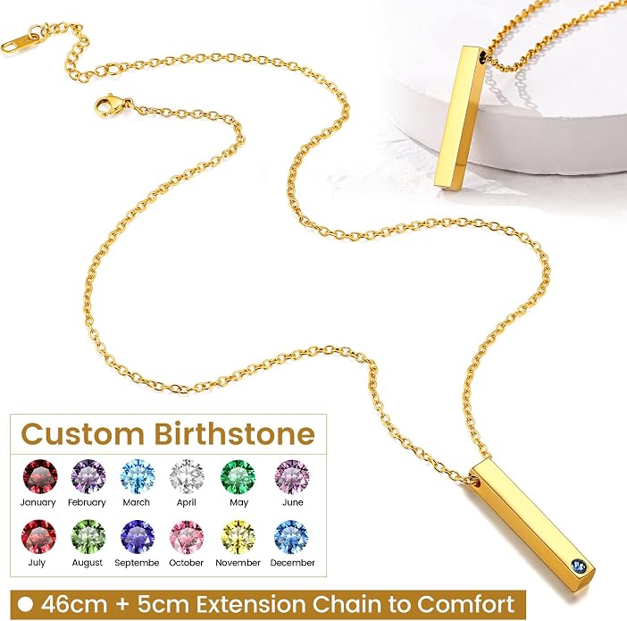 GOLDCHIC JEWELRY Personalized Birthstone Name Necklaces for Men Women, Engraved Family Names Necklace with Birthstone Vertical Bar Necklace, Pendant for Husband/Father/Grandma/Wife Birthday Gifts
