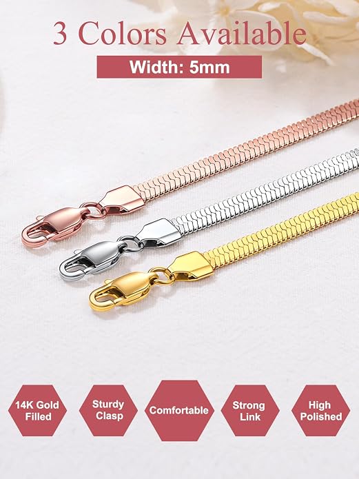 FOCALOOK 14K Gold Plated Necklaces for Women, Fashion Herringbone Choker Necklace Stainless Steel Flat Snake Chain 3/5MM(W) 12.5"/15"/18"+3.5"(L)