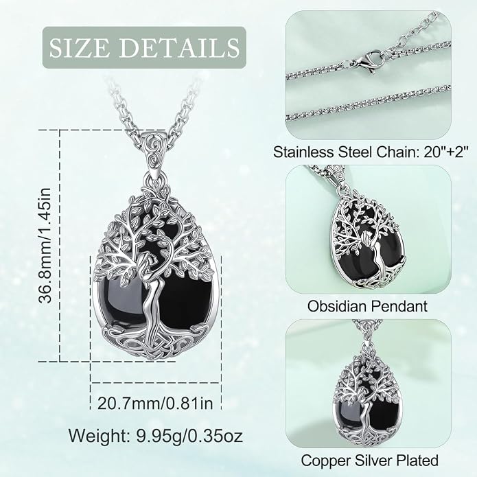 EUDORA Tree of Life Necklace with Moonstone Amethyst Obsidian Turquoise Healing Crystal for Women, Silver Plated Copper Mother Tree of Life Pendant Amulet Energy Jewelry, Gift for Women Mom, 20"+2"