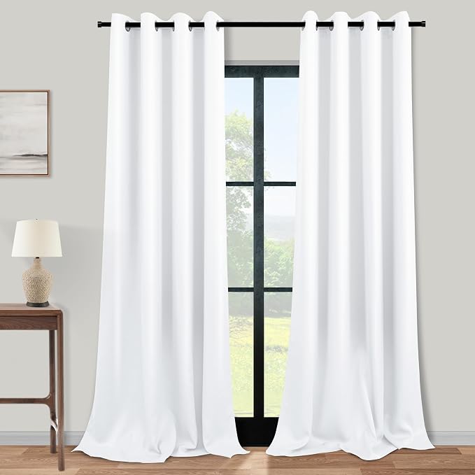 KOUFALL 105 Inch Curtains for Bedroom Living Room, Blackout Room Darkening Grommet Thermal Curtain Drapes for Sliding Glass Patio Doors,Set 2 Panels, 105 in Length, White