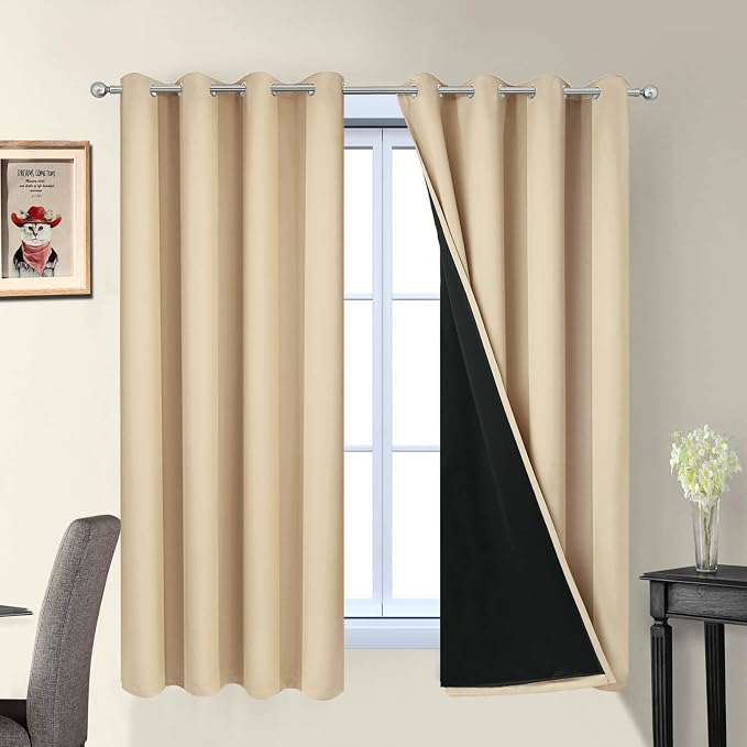 Yakamok Beige 100% Blackout Curtains 63 Inches Long for Bedroom 52" Wide | Blackout Curtain Panels for Bedroom, 2 Thick Layers Grommet Top Thermal Insulated Drapes with Black Liner for Living Room
