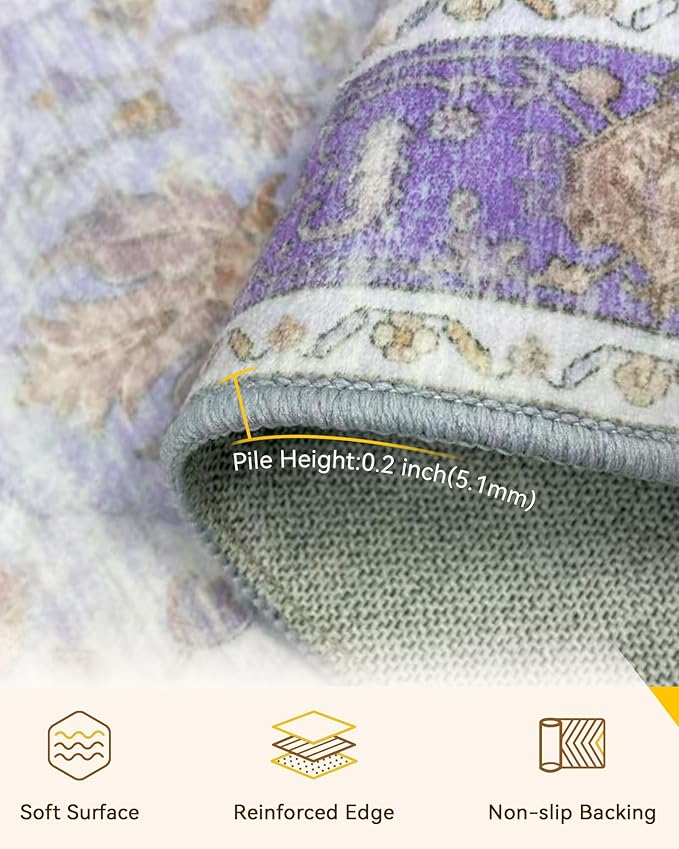 RELEANY Area Rugs Large 10'x12' Washable Non-Slip, Floral Vintage Distress Medallion Carpet for Living Room Bedroom Dining Room, Light Purple Brown