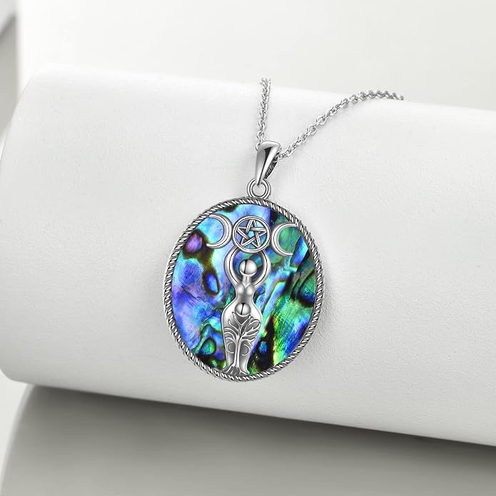 YFN Triple Moon Goddess Necklace Sterling Silver Pentagram Pentacle Opal Pendant necklace Pagan Wiccan Magic Amulet Tree of Life Jewelry for Women Men 18"