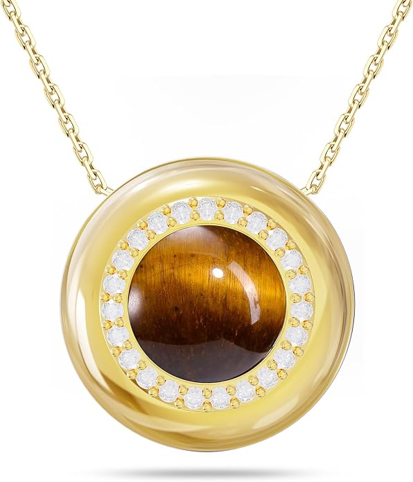 Birthstone / Tigers Eye / Opal / Moomstone Necklace for Women, Sterling Silver Tiger Eye Stone Necklace with 16K Gold Plated and 5A CZ, Dainty Statement Healing Natural Gemstone Jewelry Christmas Gift for Women on Birthday Anniversary Christmas for Wif...