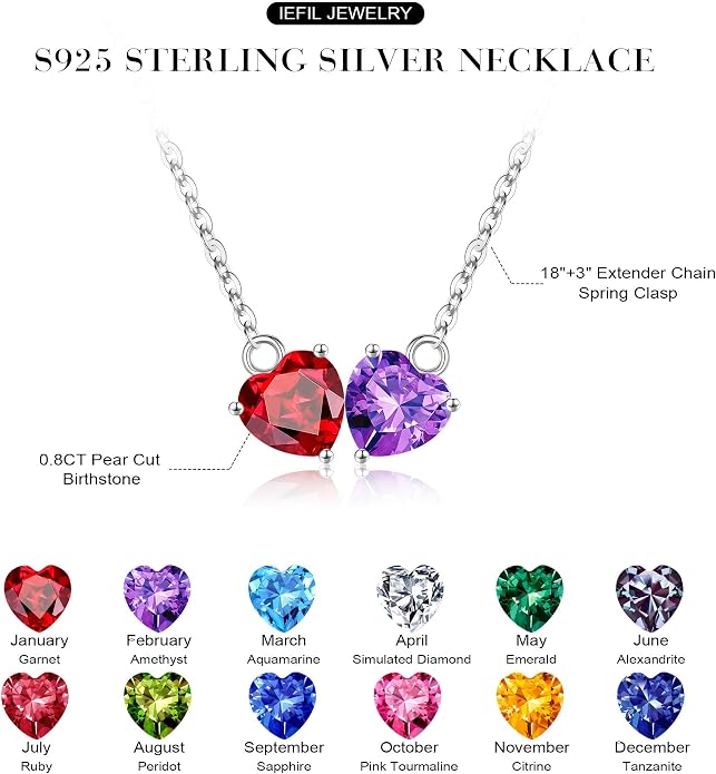 Iefil 1.25Ct Double Heart Birthstone Necklace - 925 Sterling Silver Birthstone Necklace, Birthday Gifts for Women, Jewelry Gifts for Mom Daughter Wife