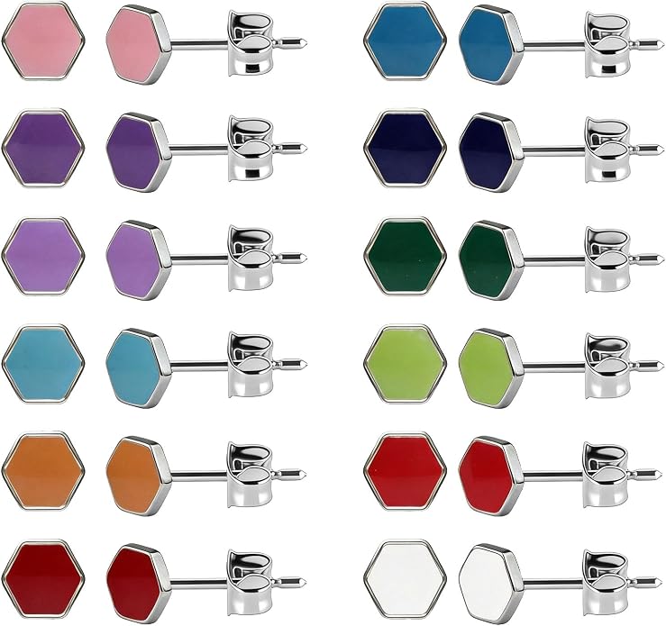 JMLOON 12 Pairs Enamel Flat Back Stud Earrings Surgical Stainless Steel Round Heart Star Square Hexagon Screw Back Stud Earrings