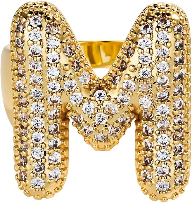 Cicy Bell Initial Rings for Women 14k Gold Plated Cubic Zirconia Delicate Letter Chunky Statement Open Rings Gifts for Her