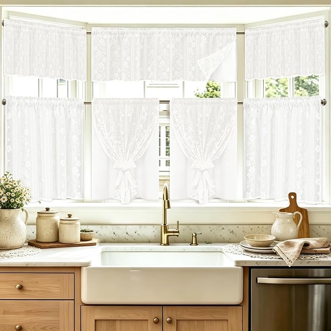 ASPMIZ Linen Valances for Windows Double Layer Valance Curtains with Lace Overlay, White Kitchen Curtains Light Filtering, Rod Pocket Window Valances for Living Room, Kitchen, Cafe, Bathroom, 52x18