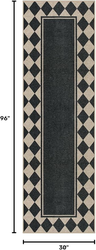 Moynesa Easy Jute Hallways Runner Rugs Washable 2.5x8 Entryway Rug Runners for Kitchen Black Checkered Indoor Outdoor Carpet for Entryway Patio, Diamond Grid Mat for Bathroom Bedroom Laundry