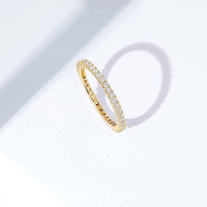 Amazon Essentials Platinum or Gold Plated Sterling Silver All-Around Band Ring set with Round Infinite Elements Cubic Zirconia