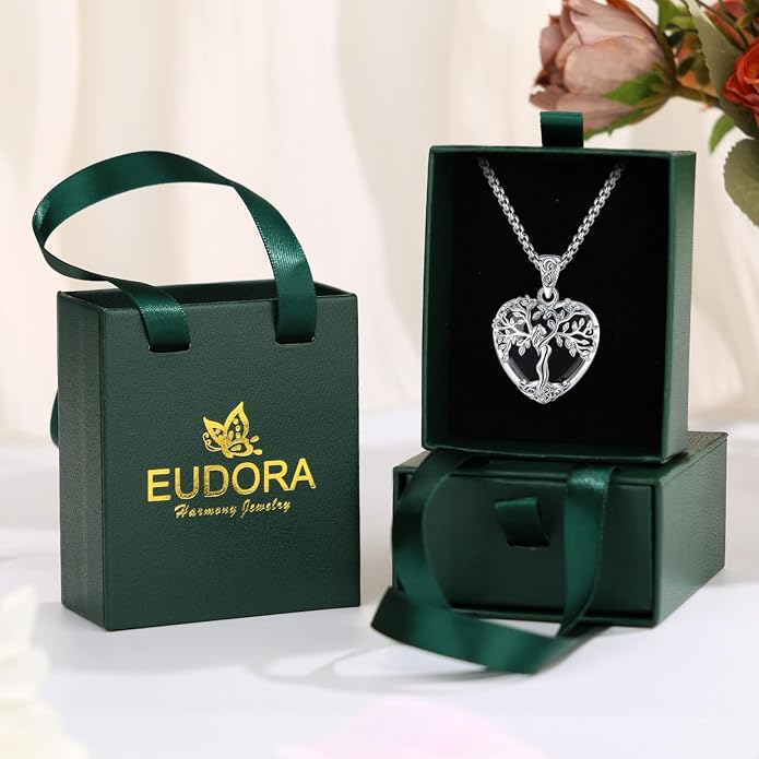EUDORA Tree of Life Necklace with Moonstone Amethyst Obsidian Turquoise Healing Crystal for Women, Silver Plated Copper Mother Tree of Life Pendant Amulet Energy Jewelry, Gift for Women Mom, 20"+2"
