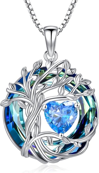 TOUPOP Tree of Life Birthstone Necklace Sterling Silver Pendant Birthstone Necklaces with Blue Crystal Anniversary Birthday Jewelry for Women Mom Wife Her