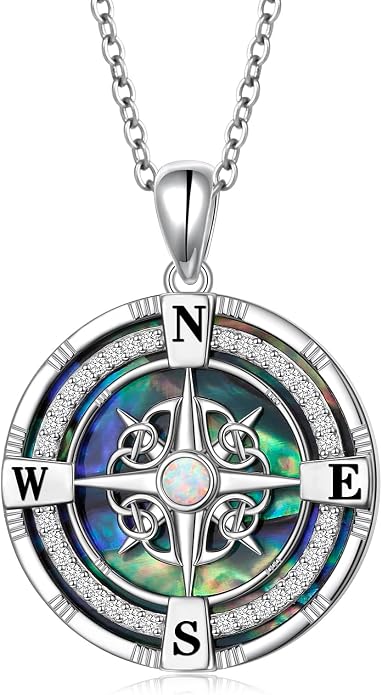 925 Sterling Silver Compass Moonstone Pendant Necklace Celtic Knot Abalone Shell Necklace Jewelry Gift for Women