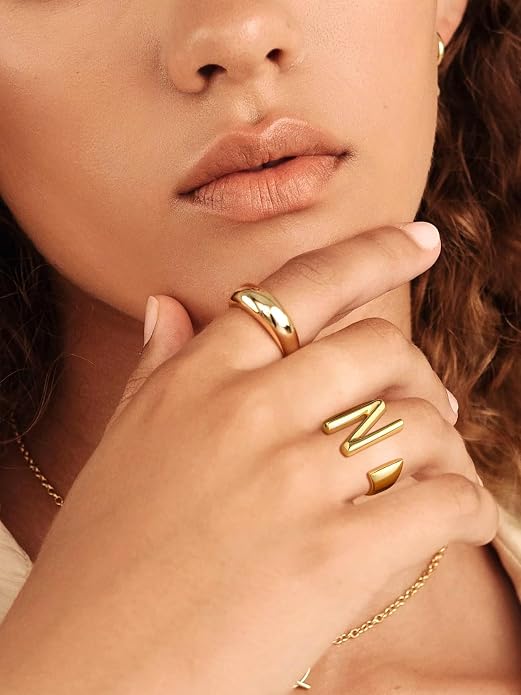 Suplight Nikel Free 18K Gold Plated Letter Rings, Fashion Monogram Jewelry Statement A-Z Wide Name Initial Alphabet Adjustable Open Ring for Women