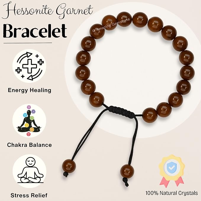 Amazing Gemstone Hessonite Garnet Bracelet, Gifts for Men & Women - Protection Healing Crystal Bracelet - 8mm Gemstone Beaded Adjustable Bracelet, Pulseras para Hombres Mujer Stocking Stuffers