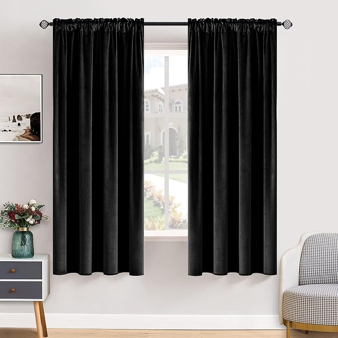 MIULEE Black Blackout Velvet Curtains Drapes 63 Inch Long 52"x63" Bedroom | Luxurious Bedroom Living Room Decor, Room Darkening, Thermal Insulated, Rod Pocket Design, Super Soft Fabric