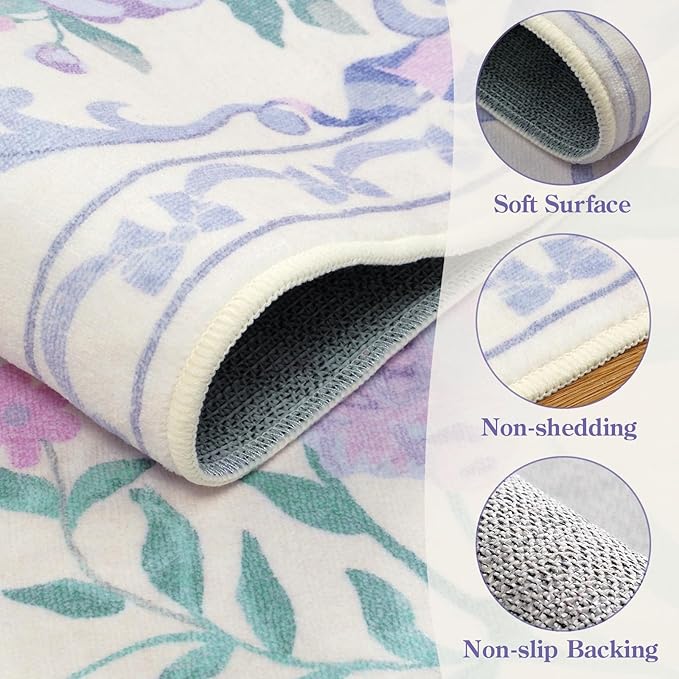 Collive Purple Rugs for Bedroom Girls, 4x6 Boho Floral Washable Area Rug Non Slip, Soft Indoor Decor Elegant Carpet for Kids Room Nursery Living Room Dining Room (Purple 4' x 6')