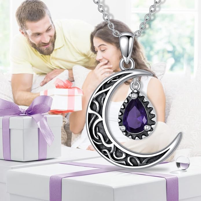 VONALA Crescent Moon Necklace Sterling Silver Emerald/Red/Purple/Black/Rainbow Topaz/Green/Aquamarine/Blue/Moss Agate Celtic Moon Teardrop Necklace Celtic Jewelry Gifts for Women Birthday