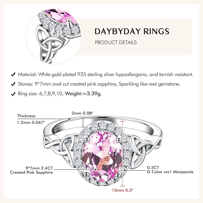 DAYBYDAY Celtic Birthstone Rings for Women 925 Sterling Silver Heart/Round/Pear/Oval Created Gemstone Moissanite Halo Engagement Promise Rings for Her Wife Birthday Anniversary Wedding Jewelry