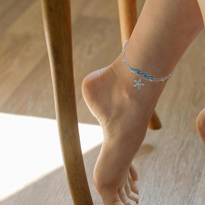 YFN Wave Anklet 925 Sterling Silver Ocean Wave Layered Ankle Bracelet Wave Beach Jewelry for Women Gifts