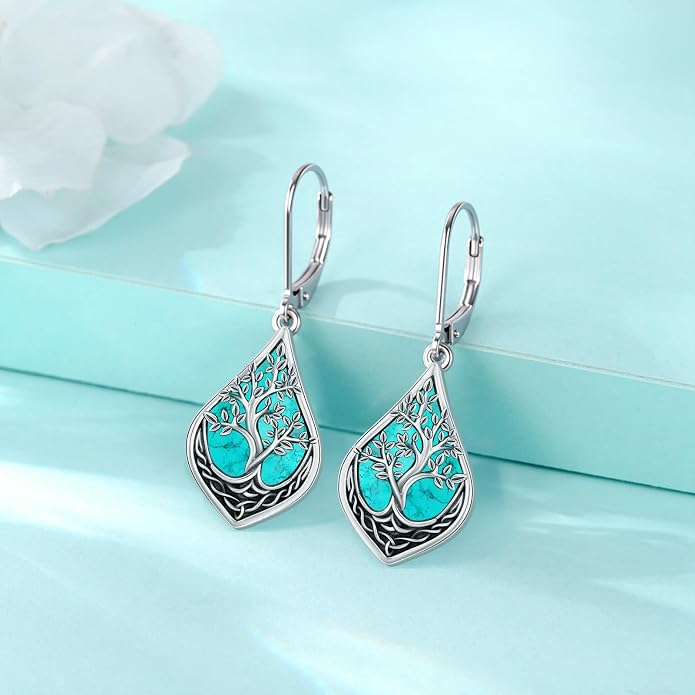 Eusense Sterling Silver Dangle Earrings for Women Tree of Life Animals Moonstone Turquoise Leverback Earrings Jewelry Gifts